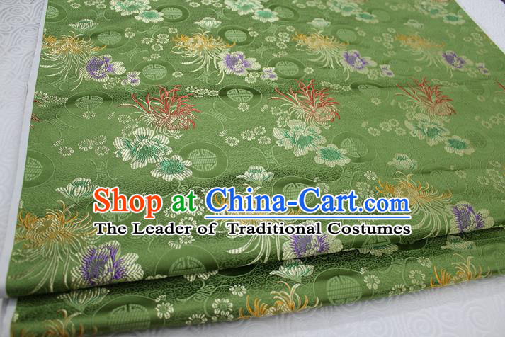 Chinese Traditional Royal Palace Longevity Chrysanthemum Pattern Tang Suit Cheongsam Green Brocade Fabric, Chinese Ancient Costume Hanfu Material