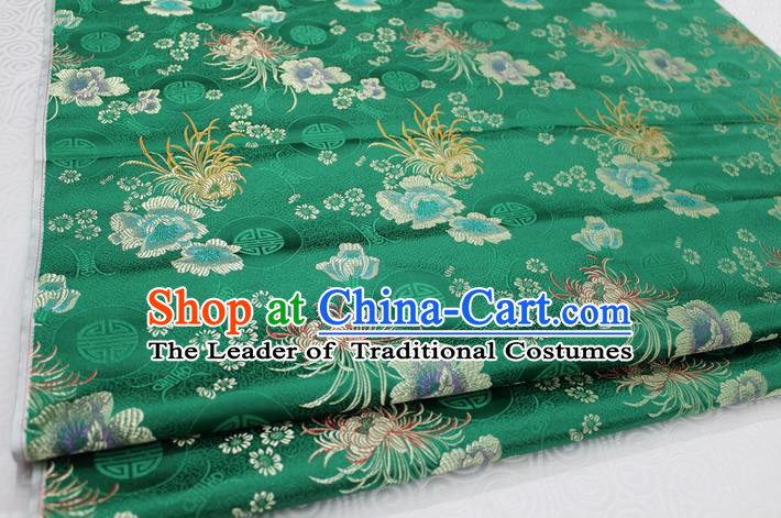 Chinese Traditional Royal Palace Longevity Chrysanthemum Pattern Tang Suit Cheongsam Deep Green Brocade Fabric, Chinese Ancient Costume Hanfu Material