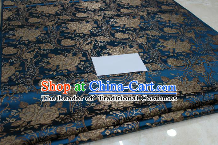 Chinese Traditional Royal Palace Rose Pattern Peacock Blue Brocade Mongolian Robe Fabric, Chinese Ancient Costume Satin Hanfu Tang Suit Material