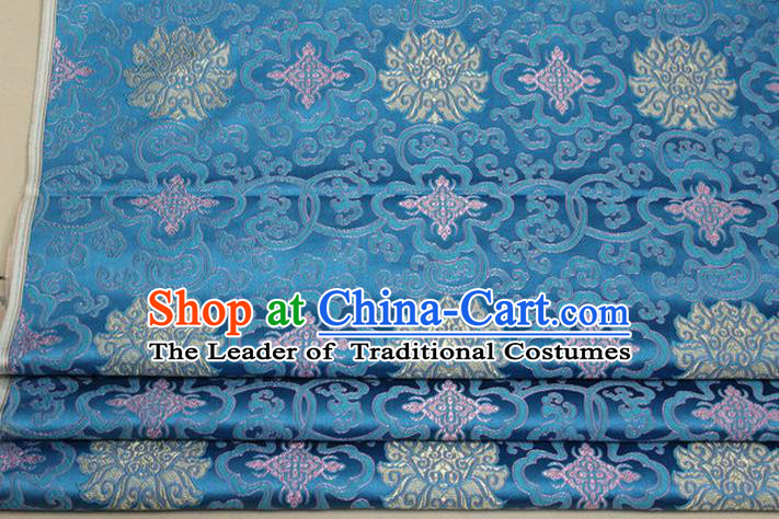 Chinese Traditional Ancient Costume Palace Lotus Pattern Mongolian Robe Cheongsam Blue Brocade Tang Suit Fabric Hanfu Material