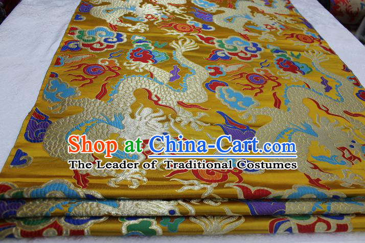 Chinese Traditional Ancient Costume Palace Dragons Pattern Cheongsam Tibetan Robe Yellow Brocade Tang Suit Satin Fabric Hanfu Material