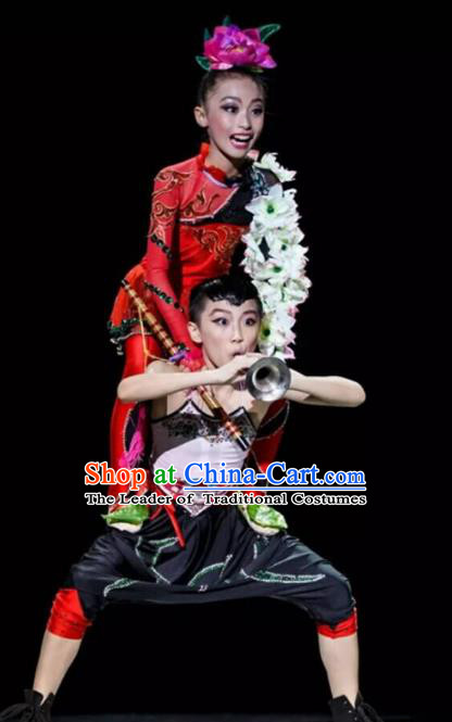 Traditional Chinese Classical Yangge Fan Dance Costume, Folk Dance Drum Dance Uniform Yangko Clothing for Kids