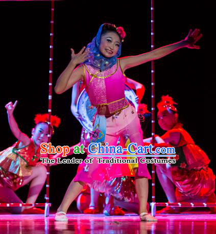 Traditional Chinese Yangge Fan Dance Costume, Folk Dance Drum Dance Rosy Uniform Yangko Clothing for Kids