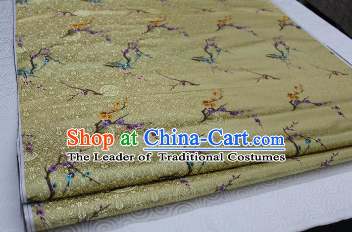 Chinese Traditional Ancient Costume Palace Wintersweet Pattern Golden Cheongsam Brocade Xiuhe Suit Satin Fabric Hanfu Material