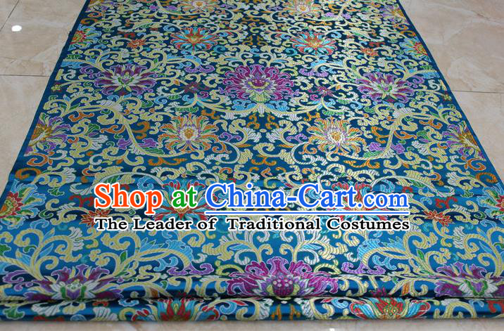 Chinese Traditional Ancient Costume Palace Flowers Pattern Mongolian Robe Cheongsam Blue Brocade Tang Suit Satin Fabric Hanfu Material
