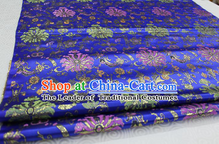 Chinese Traditional Ancient Costume Palace Flowers Pattern Cheongsam Royalblue Brocade Tang Suit Satin Mongolian Robe Fabric Hanfu Material