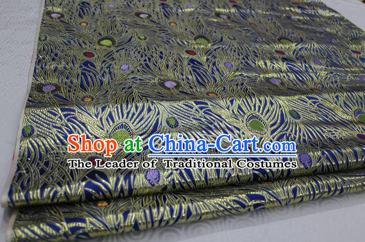 Chinese Traditional Ancient Costume Royal Palace Feather Pattern Mongolian Robe Tang Suit Blue Brocade Cheongsam Satin Fabric Hanfu Material