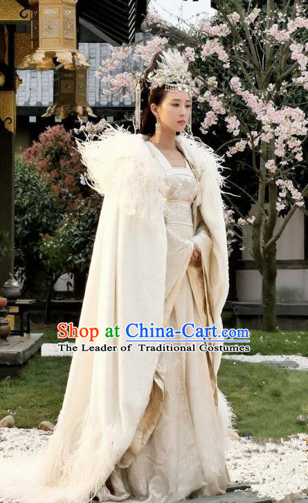 Traditional Ancient Chinese Tang Dynasty Palace Princess Embroidered Tailing Dress Costume and Headpiece Complete Set for Women
