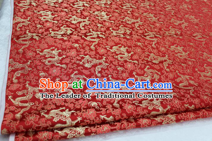 Chinese Traditional Wedding Cheongsam Red Brocade Ancient Costume Palace Dragons Pattern Satin Fabric Hanfu Material