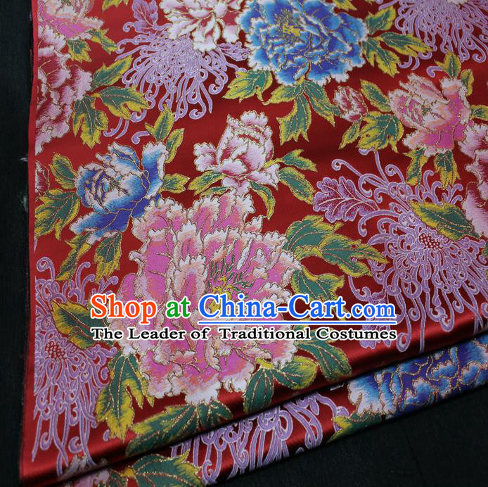 Chinese Traditional Ancient Wedding Costume Cheongsam Red Brocade Palace Peony Pattern Xiuhe Suit Satin Fabric Hanfu Material