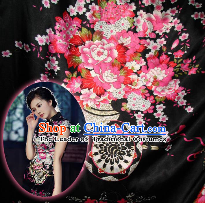 Chinese Traditional Clothing Royal Court Flowers Pattern Tang Suit Black Brocade Ancient Costume Cheongsam Satin Fabric Hanfu Material