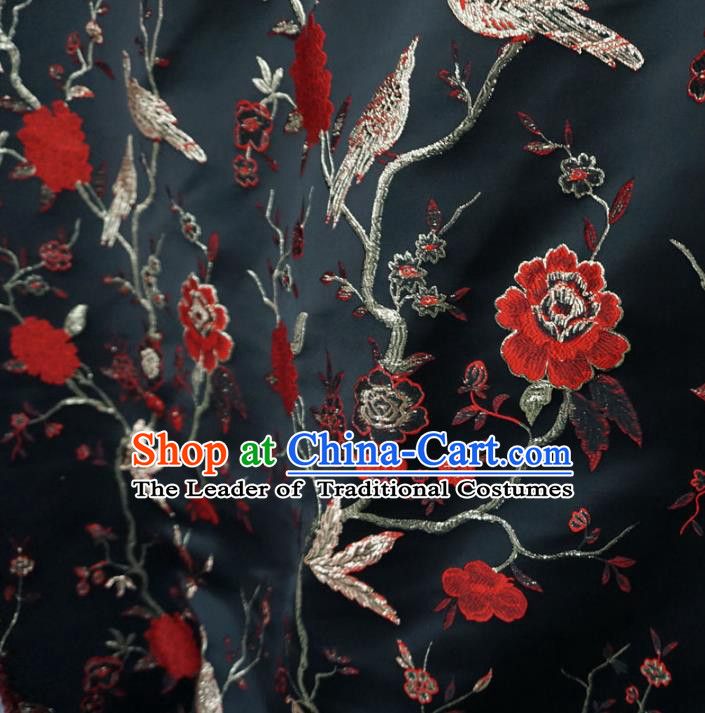 Chinese Traditional Royal Court Peach Blossom Birds Pattern Black Brocade Xiuhe Suit Fabric Ancient Costume Tang Suit Cheongsam Hanfu Material