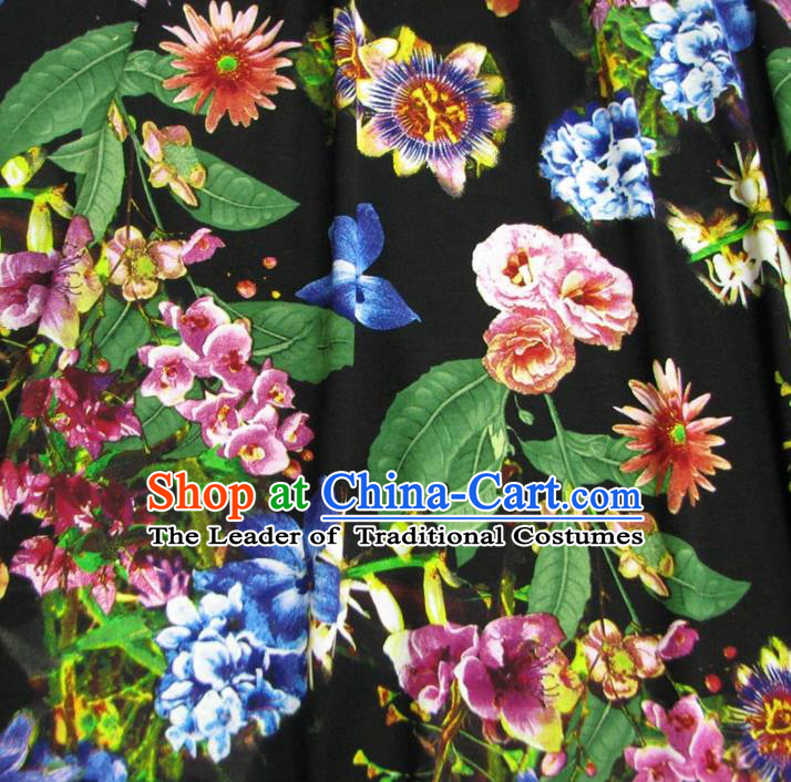 Chinese Traditional Royal Court Printing Flowers Black Brocade Xiuhe Suit Fabric Ancient Costume Tang Suit Cheongsam Hanfu Material
