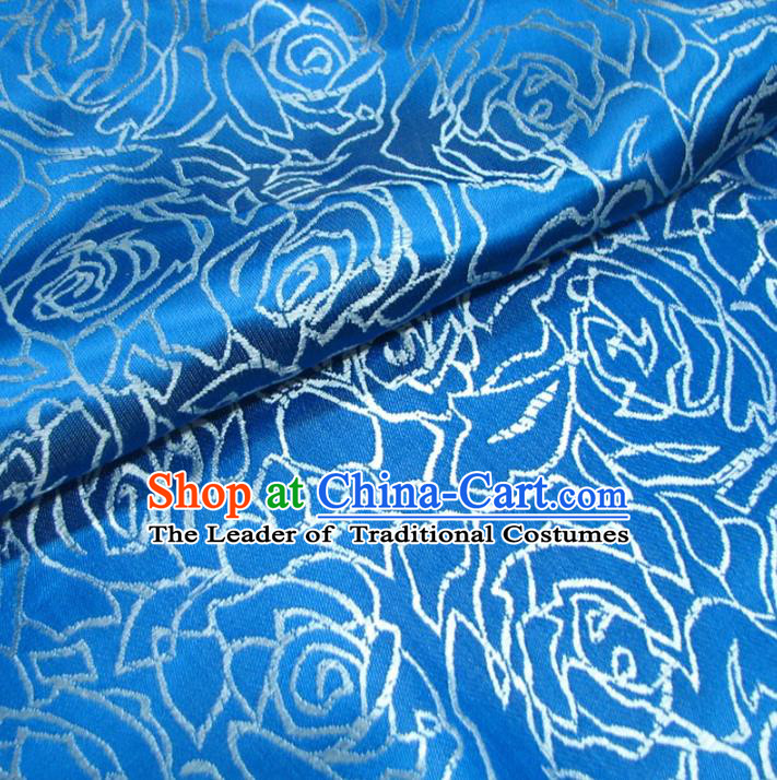 Chinese Traditional Palace Rose Pattern Hanfu Blue Brocade Fabric Ancient Costume Tang Suit Cheongsam Material