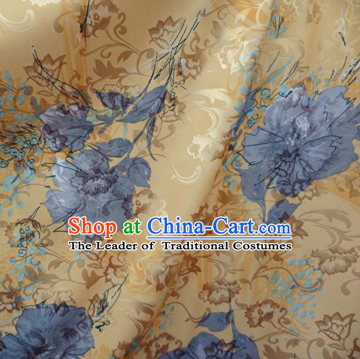 Chinese Traditional Palace Printing Flowers Pattern Hanfu Yellow Brocade Fabric Ancient Costume Tang Suit Cheongsam Material