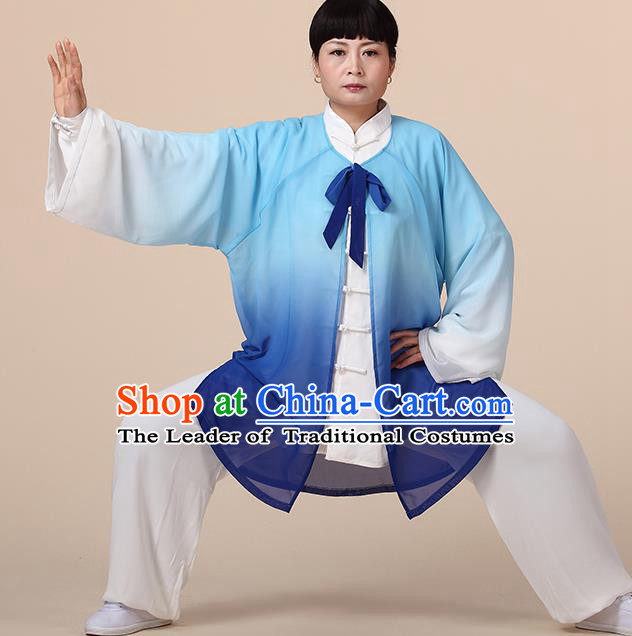 Traditional Chinese Kung Fu Costume Blue Chiffon Cloak, China Martial Arts Tai Ji Mantillas Clothing for Women