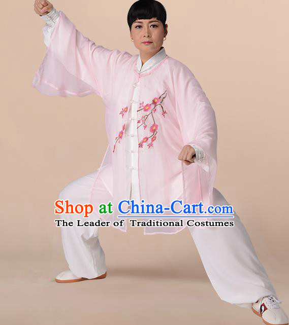 Traditional Chinese Kung Fu Costume Light Pink Chiffon Embroidered Cloak, China Martial Arts Tai Ji Mantillas Clothing for Women