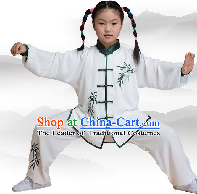 Traditional Chinese Kung Fu Embroidered Green Uniform Costume, China Martial Arts Tai Ji Clothing for Kids