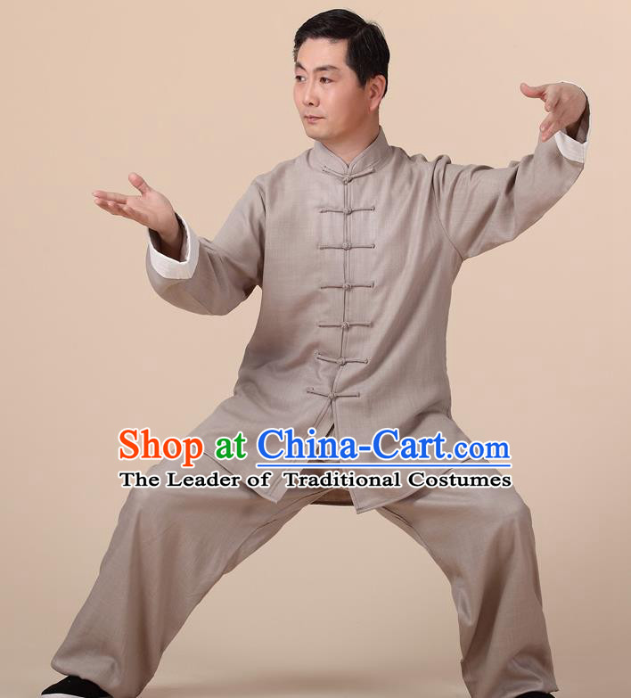 Traditional Chinese Kung Fu Khaki Linen Costume, China Martial Arts Uniform Tai Ji Tang Suit Clothing for Men