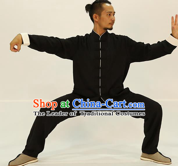 Traditional Chinese Kung Fu Black Linen Costume, China Martial Arts Uniform Tai Ji Tang Suit Plated Buttons Clothing for Men