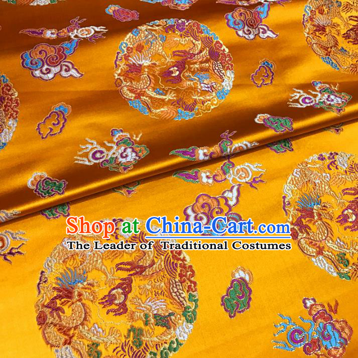 Chinese Traditional Palace Round Dragons Pattern Hanfu Yellow Brocade Fabric Ancient Costume Tang Suit Cheongsam Material