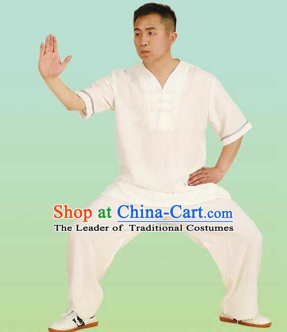 Chinese Linen Kung Fu Short Sleeve Costume, China Traditional Martial Arts Kung Fu Tai Ji Training Uniform for Adult