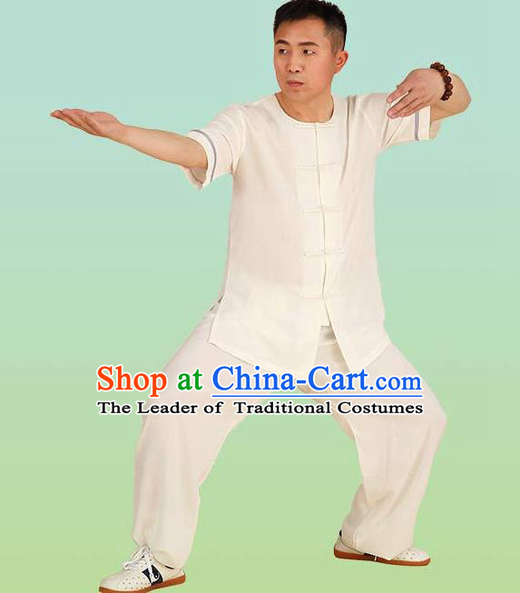 Chinese Linen Kung Fu Short Sleeve Costume, China Traditional Martial Arts Kung Fu Tai Ji Plated Buttons Uniform for Adult