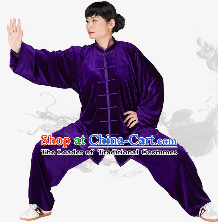 Chinese Kung Fu Black Purple Velvet Plated Buttons Costume Traditional Martial Arts Kung Fu Tai Ji Uniform for Women for Men
