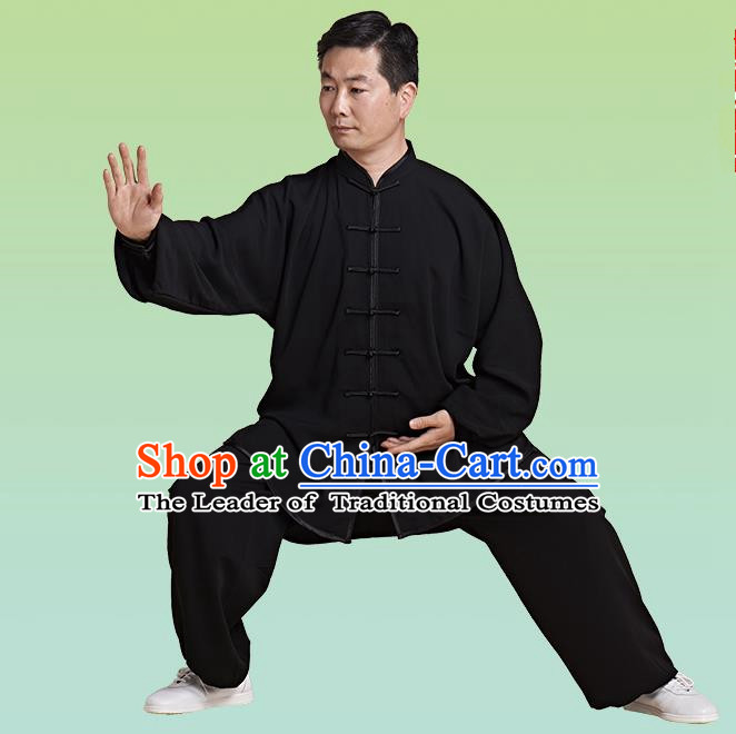 Top Grade Chinese Linen Kung Fu Costume, China Traditional Martial Arts Kung Fu Training Black Uniform Wushu Clothing for Adult