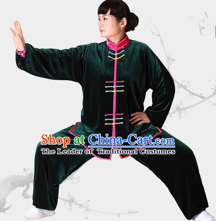 Traditional Chinese Kung Fu Green Velvet Costume, China Martial Arts Tai Ji Clothing for Women