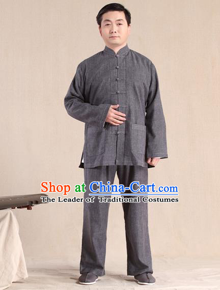 Traditional Chinese Kung Fu Grey Linen Costume, China Martial Arts Uniform Tai Ji Tang Suit Plated Buttons Clothing for Men