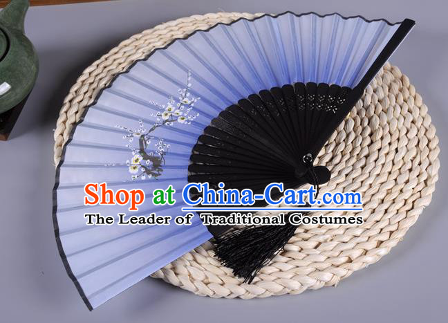 Traditional Chinese Crafts Printing Wintersweet Blue Silk Folding Fan China Oriental Fans for Women