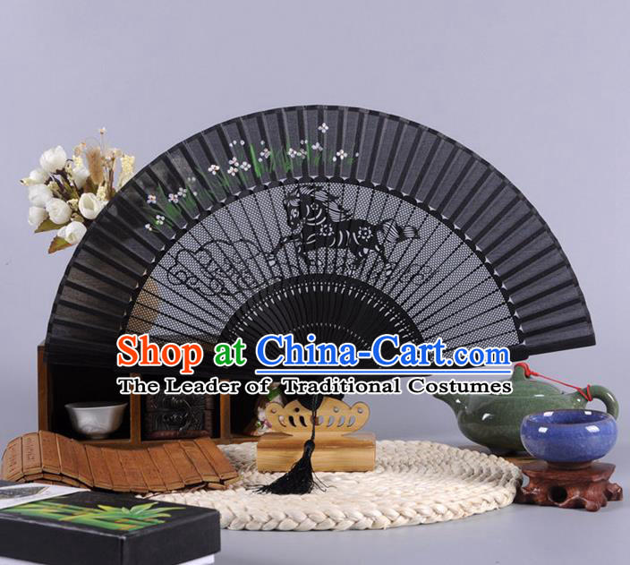Traditional Chinese Crafts Hollow Out Horse Folding Fan China Oriental Black Bamboo Fans for Women
