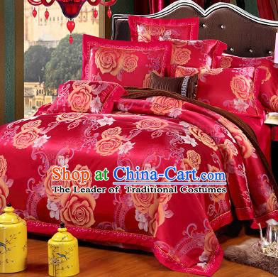 Traditional Chinese Wedding Red Satin Qulit Cover Printing Rose Bedding Sheet Four-piece Duvet Cover Textile Complete Set