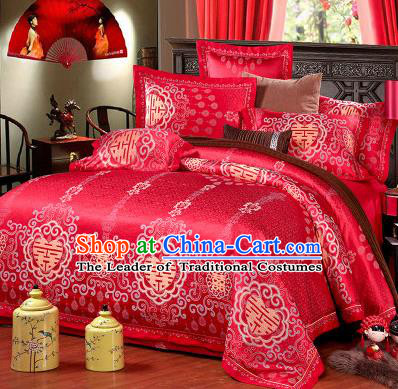 Traditional Chinese Wedding Red Satin Qulit Cover Printing Bedding Sheet Four-piece Duvet Cover Textile Complete Set
