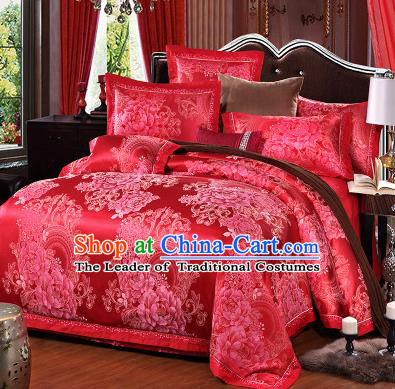 Traditional Chinese Wedding Red Satin Qulit Cover Printing Peony Bedding Sheet Four-piece Duvet Cover Textile Complete Set