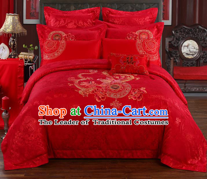 Traditional Chinese Wedding Red Satin Qulit Cover Printing Dragon Phoenix Bedding Sheet Four-piece Duvet Cover Textile Complete Set