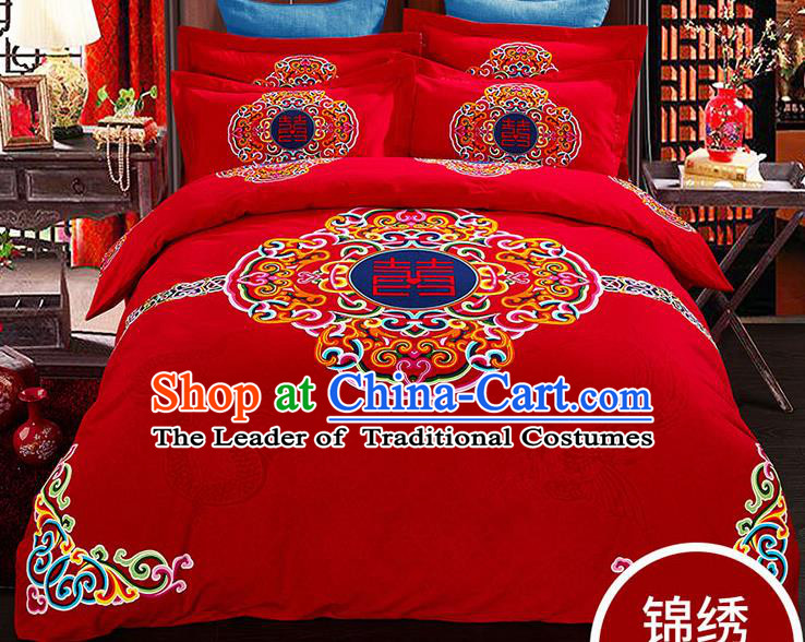 Traditional Chinese Wedding Red Qulit Cover Printing Bedding Sheet Four-piece Duvet Cover Textile Complete Set