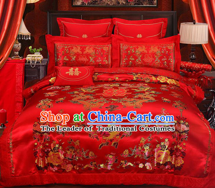 Traditional Chinese Wedding Red Satin Qulit Cover Embroidered Dragons Hundred Children Bedding Sheet Four-piece Duvet Cover Textile Complete Set