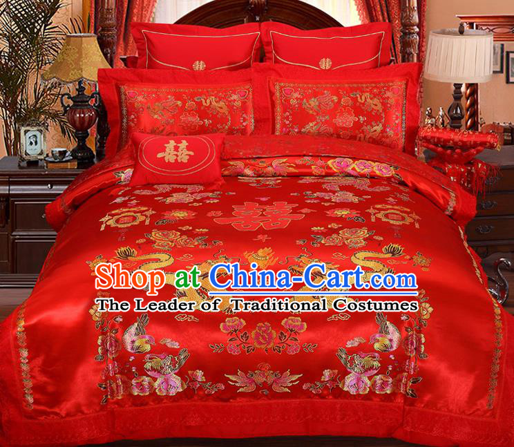 Traditional Chinese Wedding Red Satin Qulit Cover Embroidered Dragons Bedding Sheet Four-piece Duvet Cover Textile Complete Set