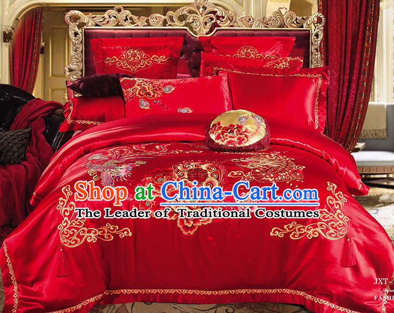 Traditional Asian Chinese Wedding Palace Qulit Cover Bedding Sheet Embroidered Peony Phoenix Ten-piece Duvet Cover Textile Complete Set
