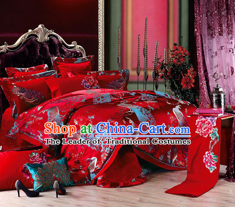 Traditional Asian Chinese Wedding Palace Qulit Cover Bedding Sheet Printing Peacock Ten-piece Duvet Cover Textile Complete Set