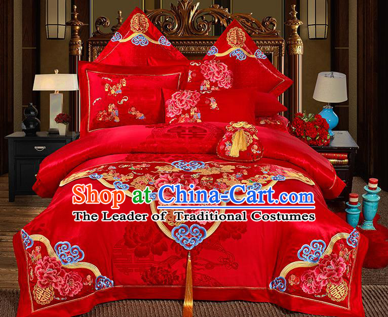 Traditional Asian Chinese Wedding Palace Qulit Cover Bedding Sheet Embroidered Peony Eleven-piece Duvet Cover Textile Complete Set