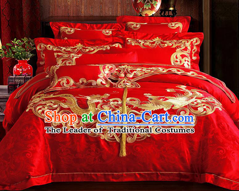 Traditional Asian Chinese Wedding Palace Qulit Cover Bedding Sheet Embroidered Dragon Phoenix Satin Ten-piece Duvet Cover Textile Complete Set