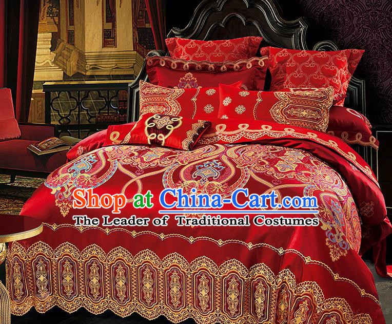 Traditional Asian Chinese Wedding Palace Lace Qulit Cover Bedding Sheet Embroidered Red Satin Ten-piece Duvet Cover Textile Complete Set