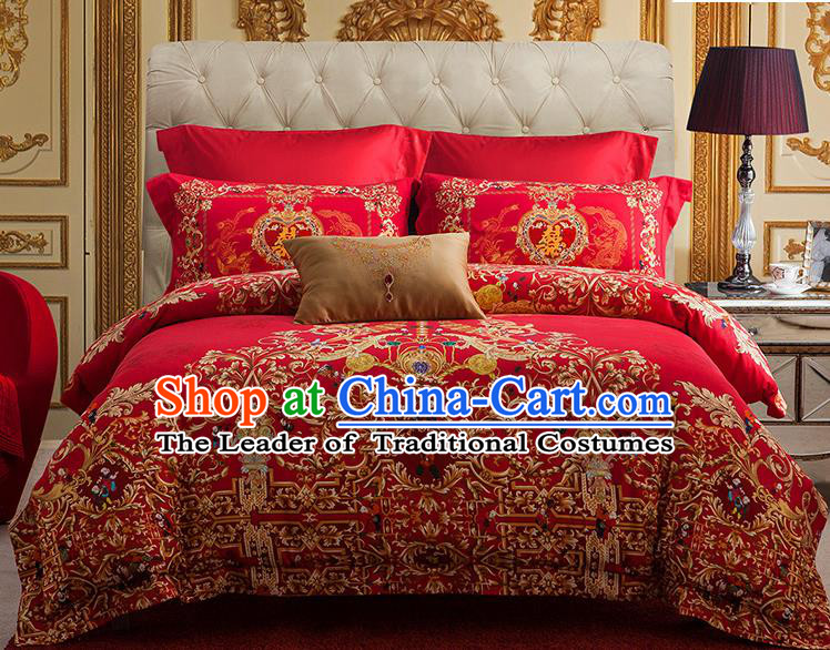 Traditional Asian Chinese Wedding Red Palace Qulit Cover Embroidered Bedding Sheet Four-piece Duvet Cover Textile Complete Set