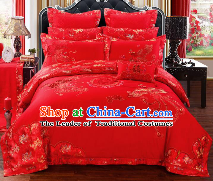 Traditional Chinese Wedding Red Embroidered Dragon Phoenix Ten-piece Bedclothes Duvet Cover Textile Qulit Cover Bedding Sheet Complete Set