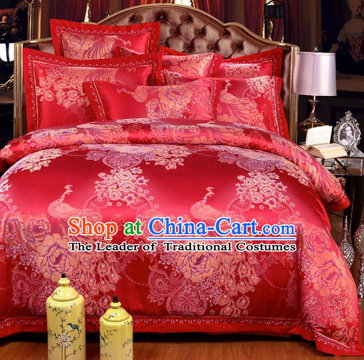 Traditional Chinese Wedding Red Satin Printing Peacock Six-piece Bedclothes Duvet Cover Textile Qulit Cover Bedding Sheet Complete Set