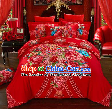 Traditional Chinese Wedding Printing Peony Flowers Red Four-piece Bedclothes Duvet Cover Textile Qulit Cover Bedding Sheet Complete Set