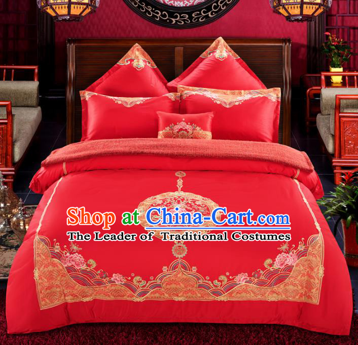 Traditional Chinese Wedding Embroidered Peony Red Satin Seven-piece Bedclothes Duvet Cover Textile Qulit Cover Bedding Sheet Complete Set